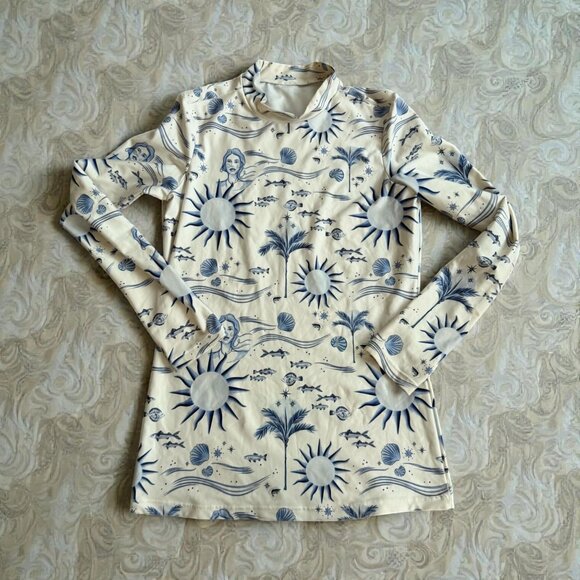 ONDADE MAR Aquarius Blue Cream Patterned Long Sleeve Rash Guard Swim Top Size Sm - Picture 2 of 7